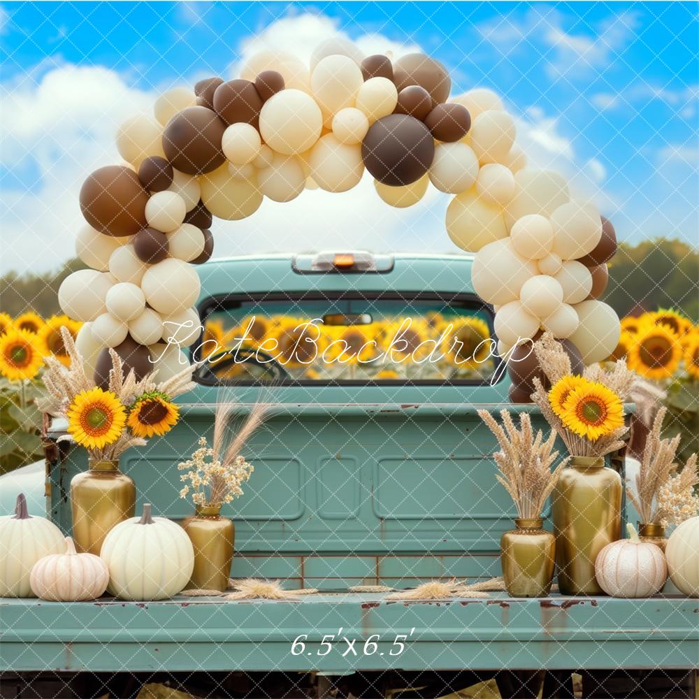 Kate Fall Teal Truck Sunflower Balloons Arch Backdrop Designed by Mini MakeBelieve