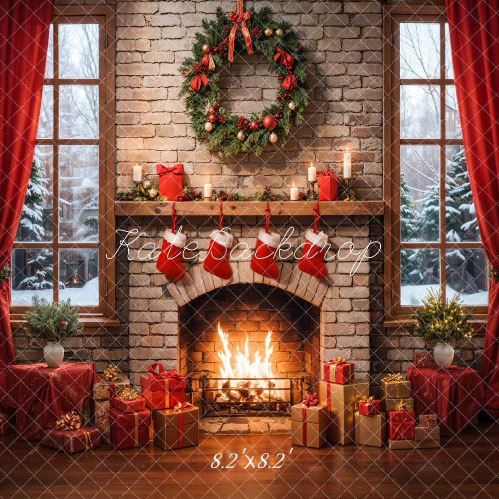 Kate Christmas Interior Red Curtain Retro Brick Fireplace Backdrop Designed by Emetselch