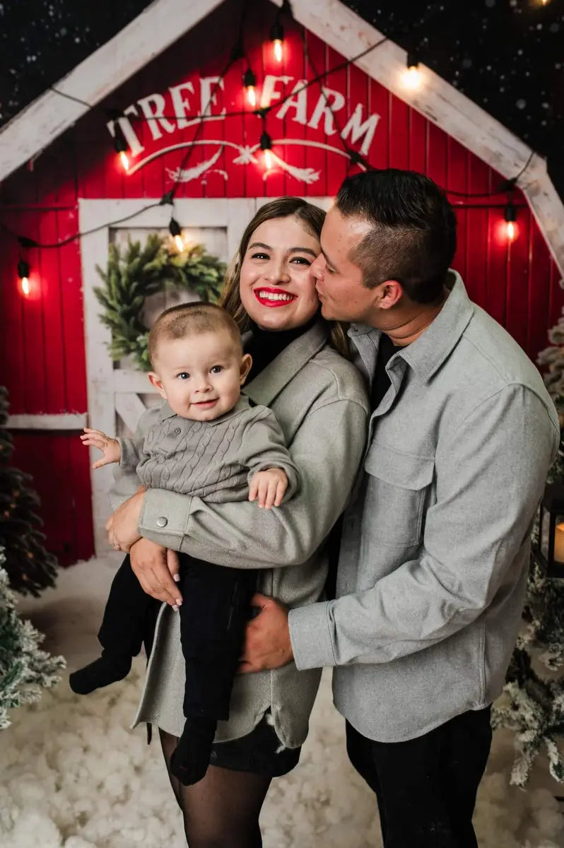 Kate Winter Christmas Tree Farm Red Barn Backdrop Designed by Chain Photography