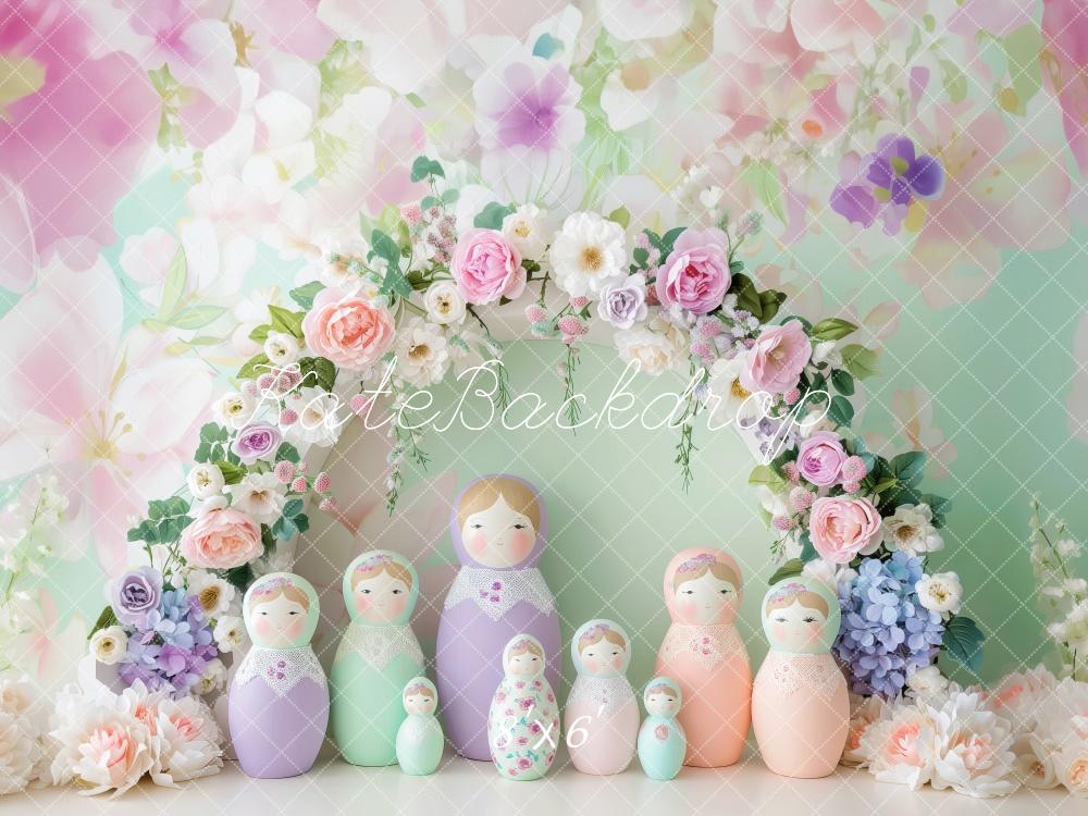 Kate Floral Arch Pastel Matryoshka Dolls Backdrop Designed by Patty Robert