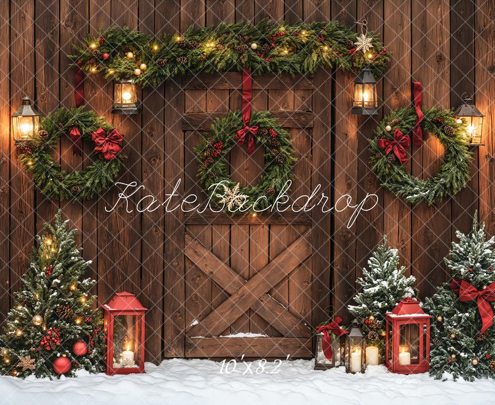 Christmas Brown Wood Door Wreaths Foto Achtergrond Designed by Emetselch