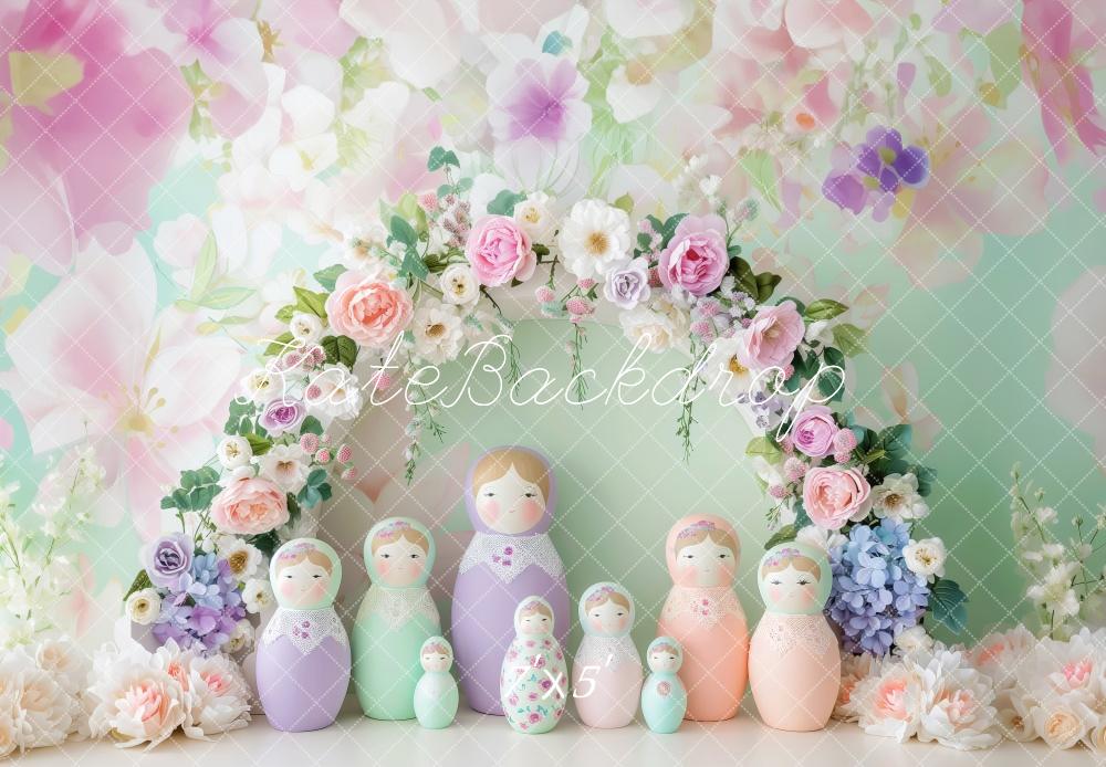 Kate Floral Arch Pastel Matryoshka Dolls Backdrop Designed by Patty Robert