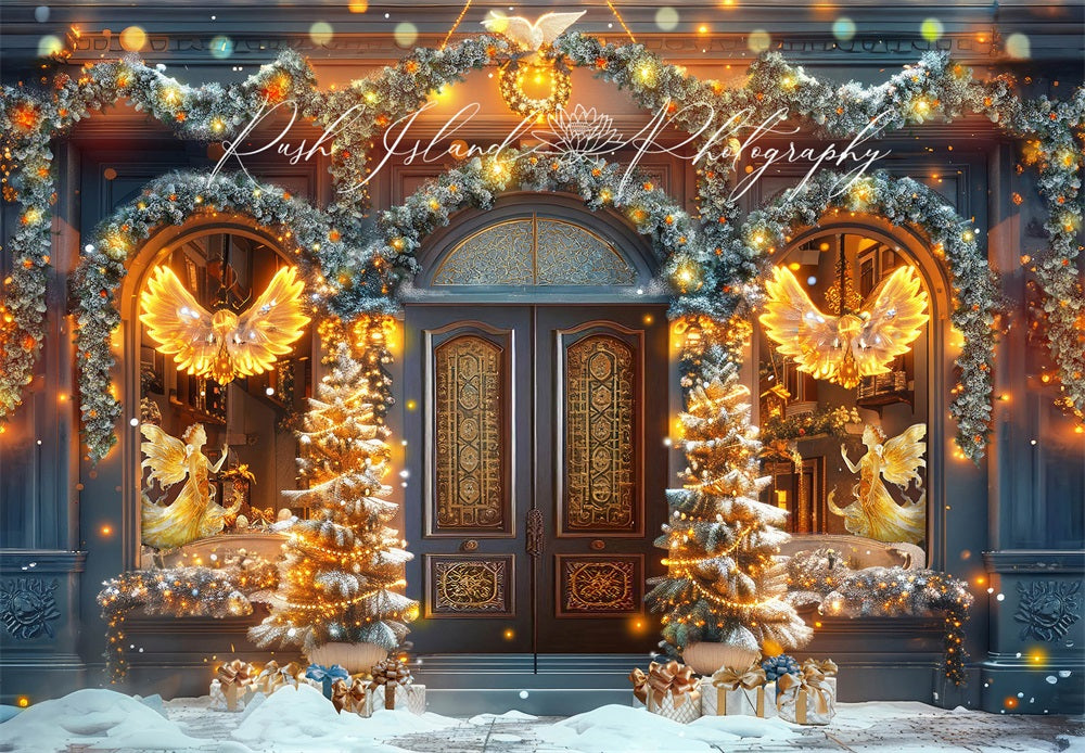 Kate Christmas Golden Angels Shop Retro Door Backdrop Designed by Laura Bybee