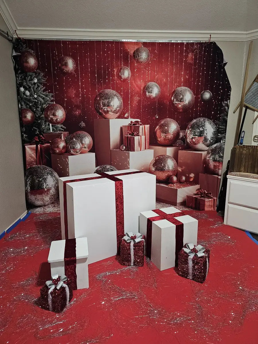 Kate Christmas Retro Disco Silver Ball Red Wall Backdrop Designed by Mini MakeBelieve