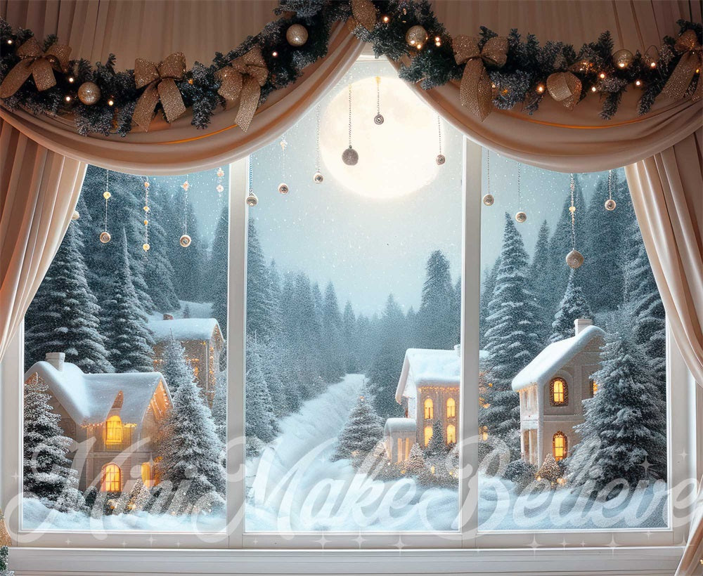 Kate Christmas Night Beige Curtain Frame Window Backdrop Designed by Mini MakeBelieve