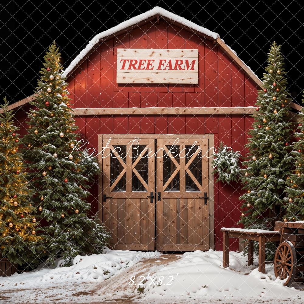 Kate Christmas Forest Red Tree Farm House Backdrop Designed by Emetselch