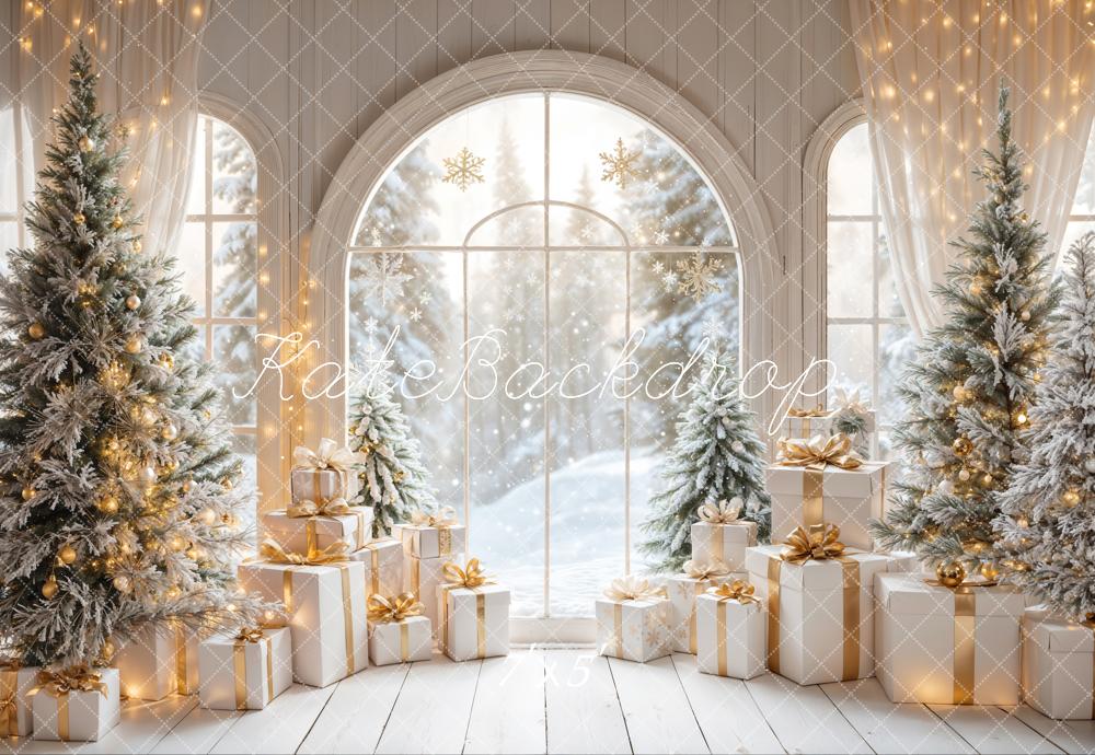 Kate White Arch Window With Christmas Tree Gifts Backdrop Designed by Emetselch