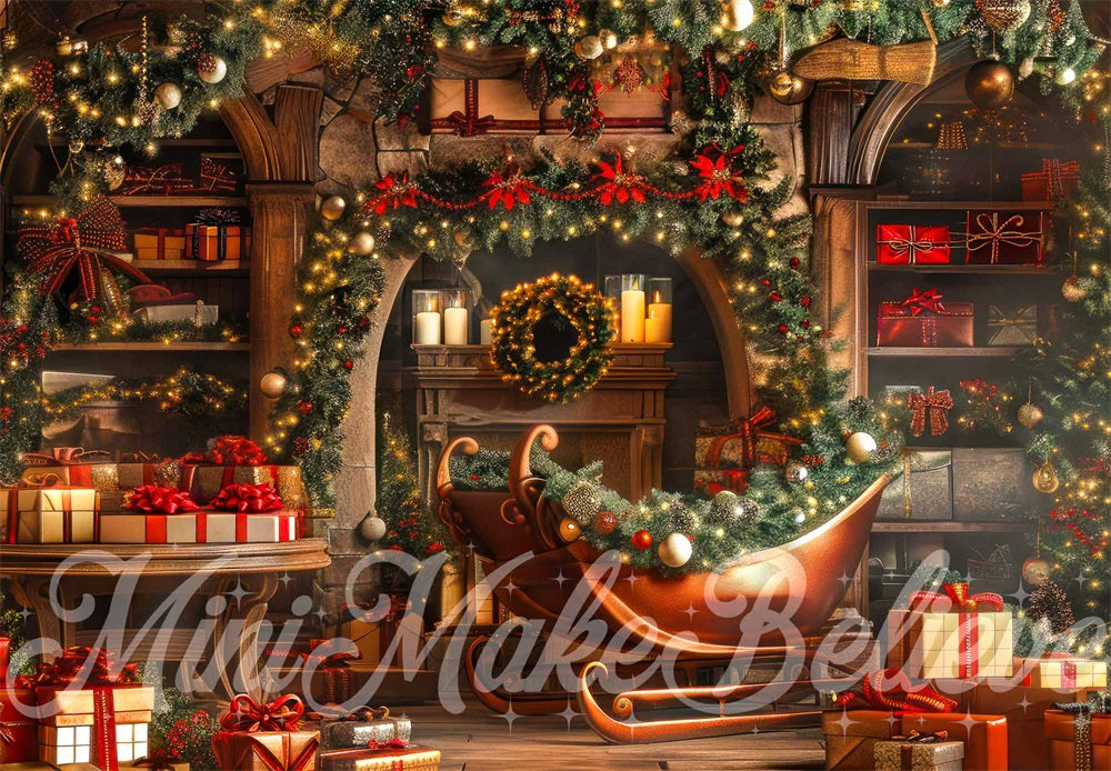 Tienda de Regalos de Navidad Dark Golden Sleigh Fondo diseñado por Mini MakeBelieve