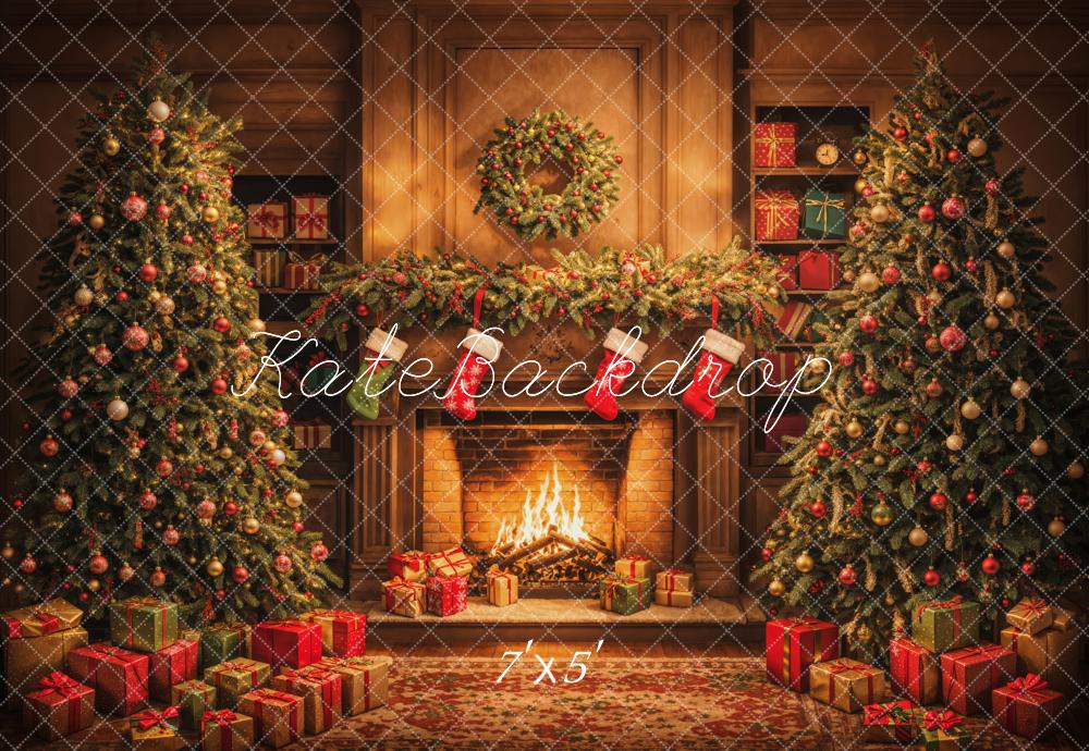 Kate Christmas Indoor Brown Retro Fireplace Backdrop Designed by Emetselch