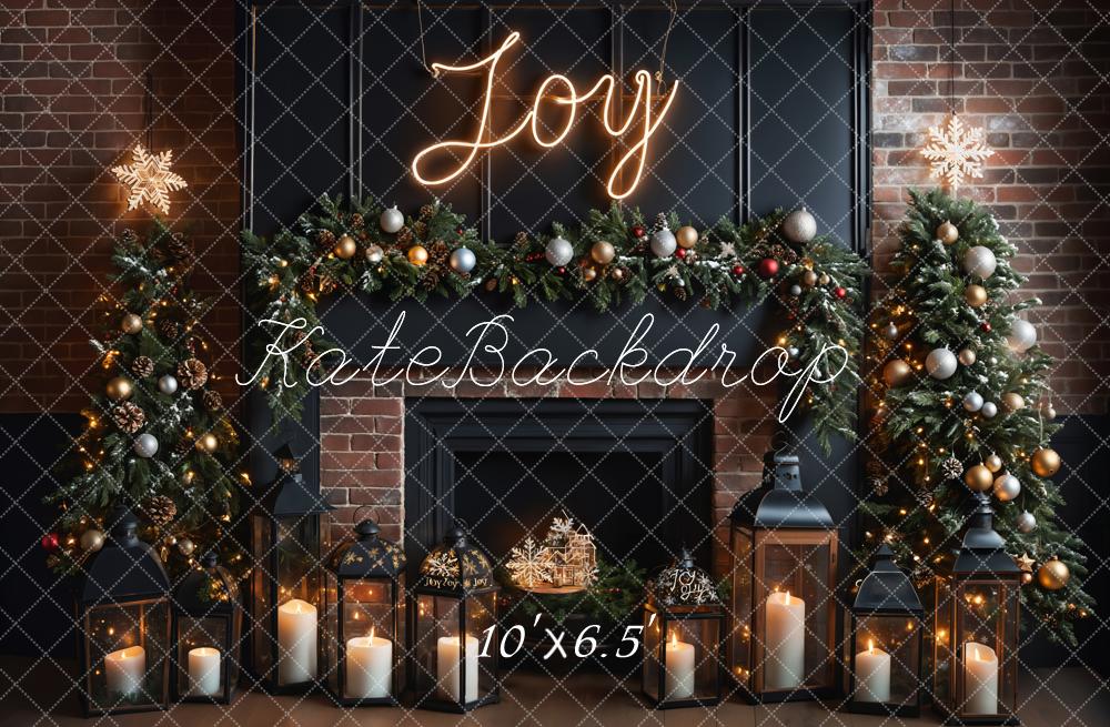 Kate Christmas Joy Sign Brown Brick Fireplace Black Wall Backdrop Designed by Emetselch