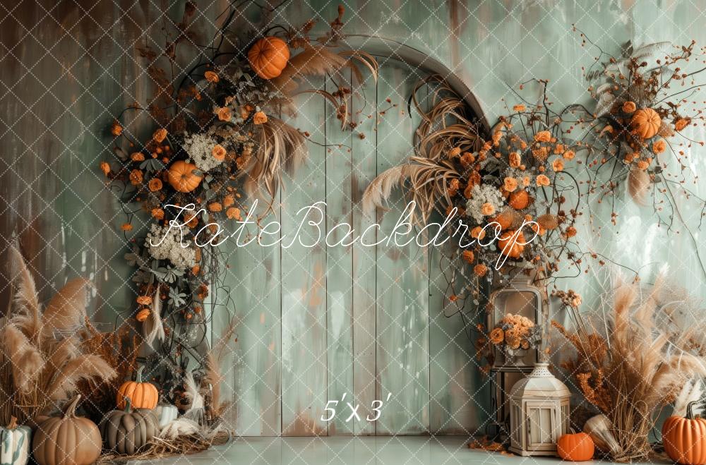 Fall Boho Green Wall Arch Met Pompoenen Foto Achtergrond Designed by Patty Robert