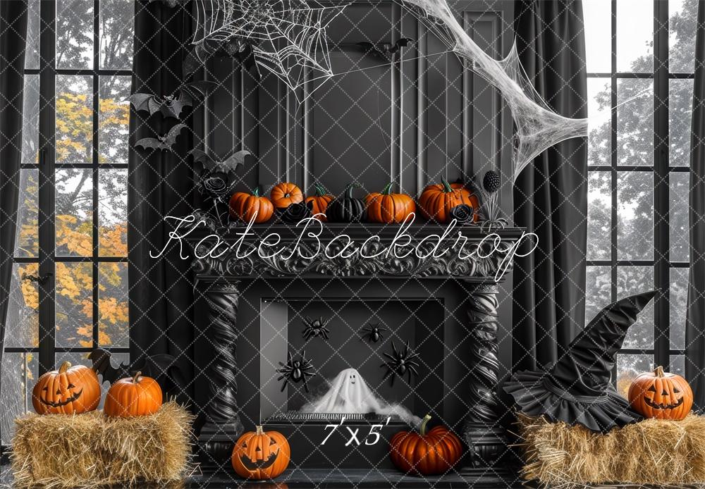 Kate Halloween Pumpkins Fireplace Cobwebs With Black Wall Backdrop Designed by Mini MakeBelieve