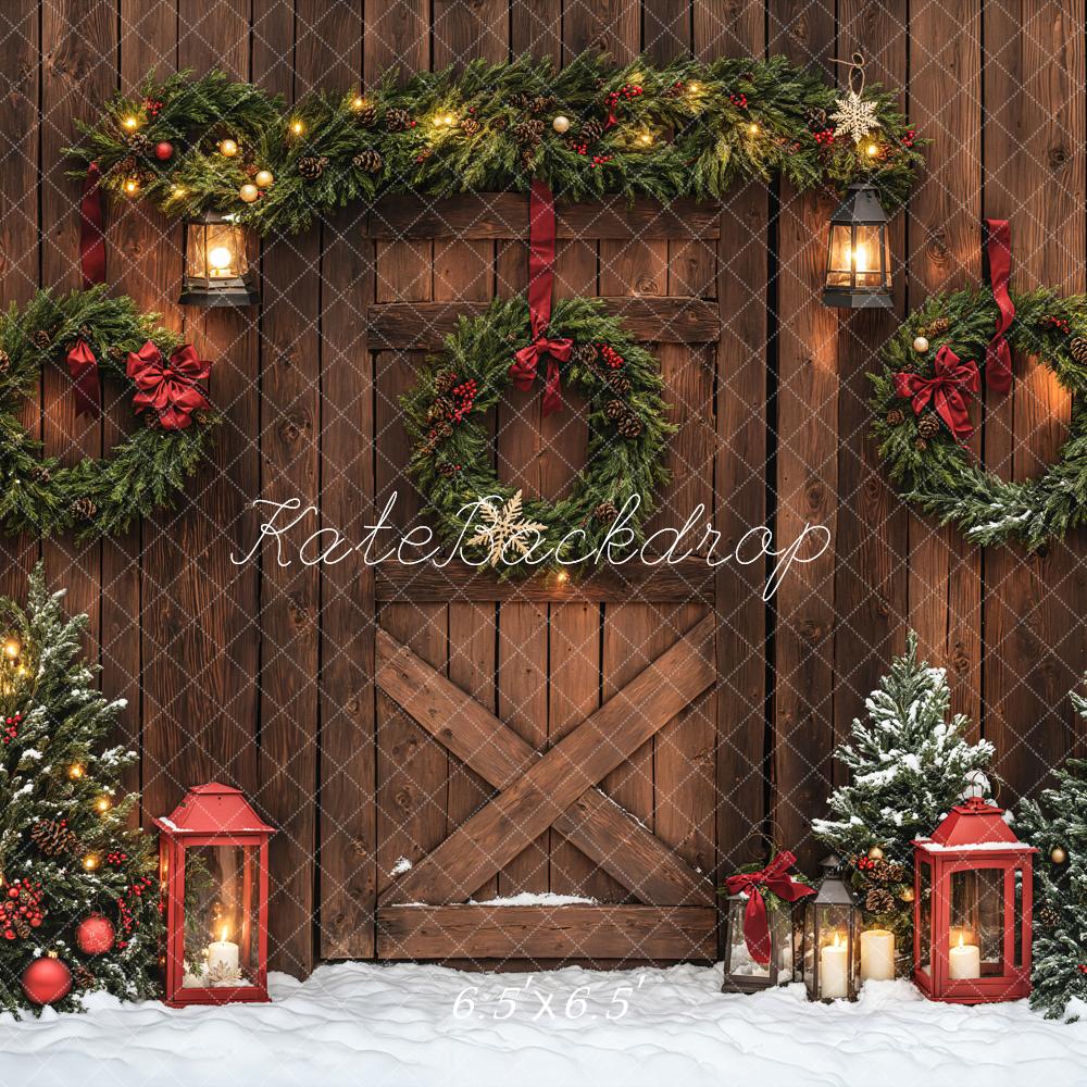 Kate Christmas Brown Wood Door Wreaths Backdrop Designed by Emetselch