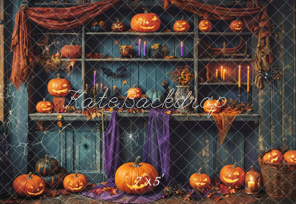 Fondo de tienda de calabaza de madera verde desgastada para Halloween Designed by Emetselch