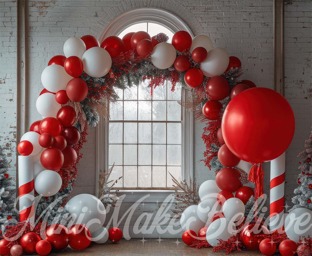 Christmas Colorful Balloon Arch Retro White Brick Wall Backdrop Designed by Mini MakeBelieve