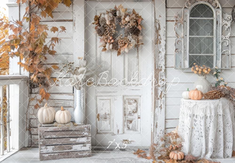 Backdrop per porta autunnale shabby bianco rustico con zucche Designed by Mini MakeBelieve