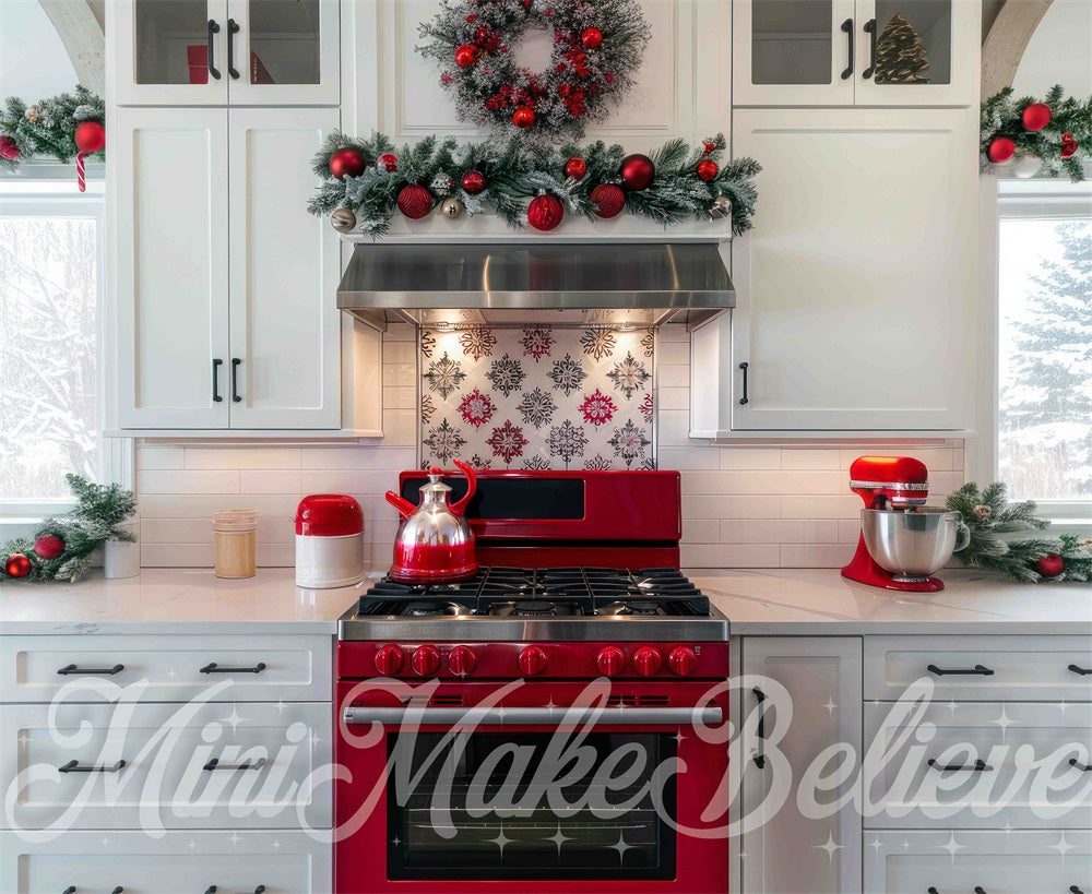 Cocina Moderna Blanca de Navidad con Fondo de Horno Rojo Diseñado por Mini MakeBelieve