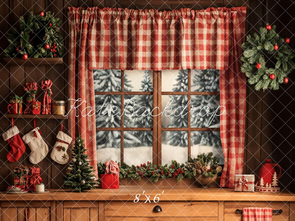 Kate Christmas Red Plaid Curtains Window Backdrop Designed by Emetselch