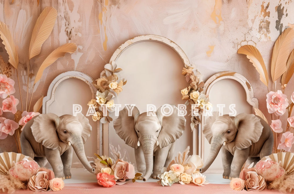 Kate Boho Elephant Pink Retro Arch Wall Backdrop Designed by Patty Robert