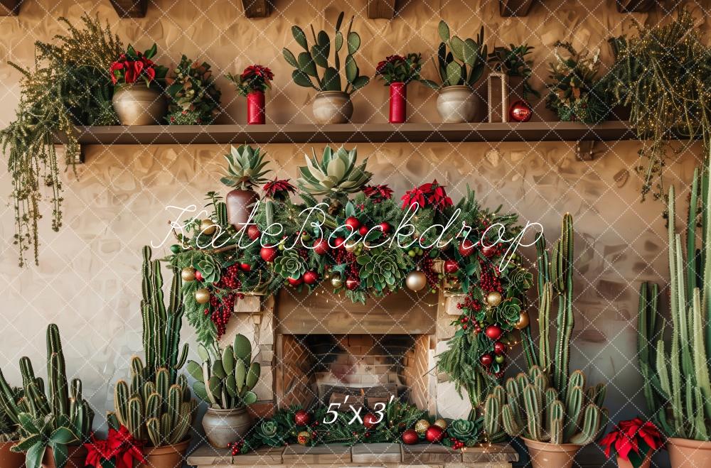 Rustic Kerst Cactus Haard Foto Achtergrond Designed by Patty Roberts