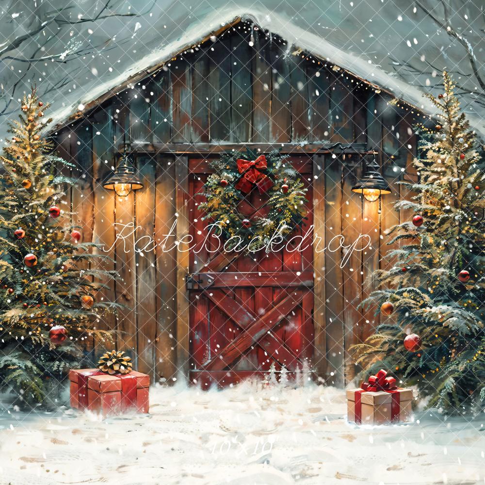 Kate Winter Forest Christmas Night Wooden Barn Backdrop Designed by Chain Photography