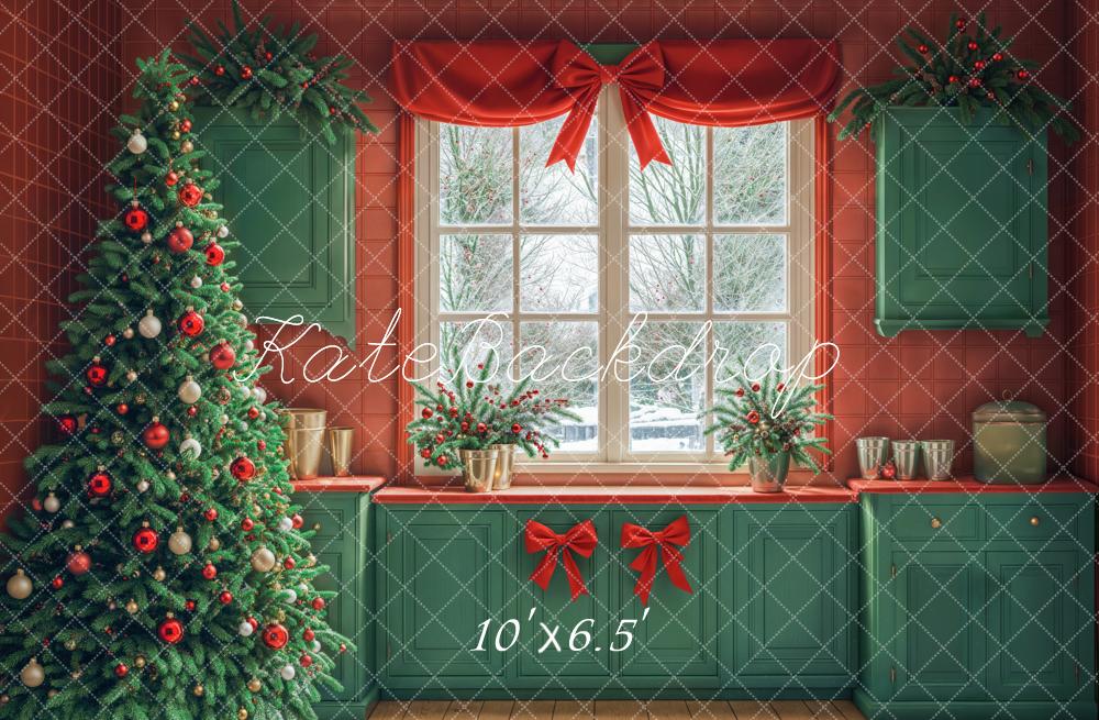 Kate Christmas Tree Kitchen Green Cabinets Red Wall Backdrop Designed by Emetselch