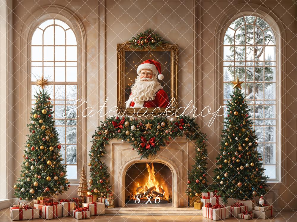 Kate Christmas Tree Fireplace Santa Claus Portrait Vintage Window Backdrop Designed by Emetselch