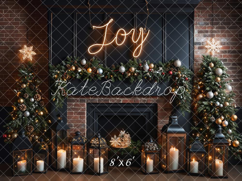 Kate Christmas Joy Sign Brown Brick Fireplace Black Wall Backdrop Designed by Emetselch