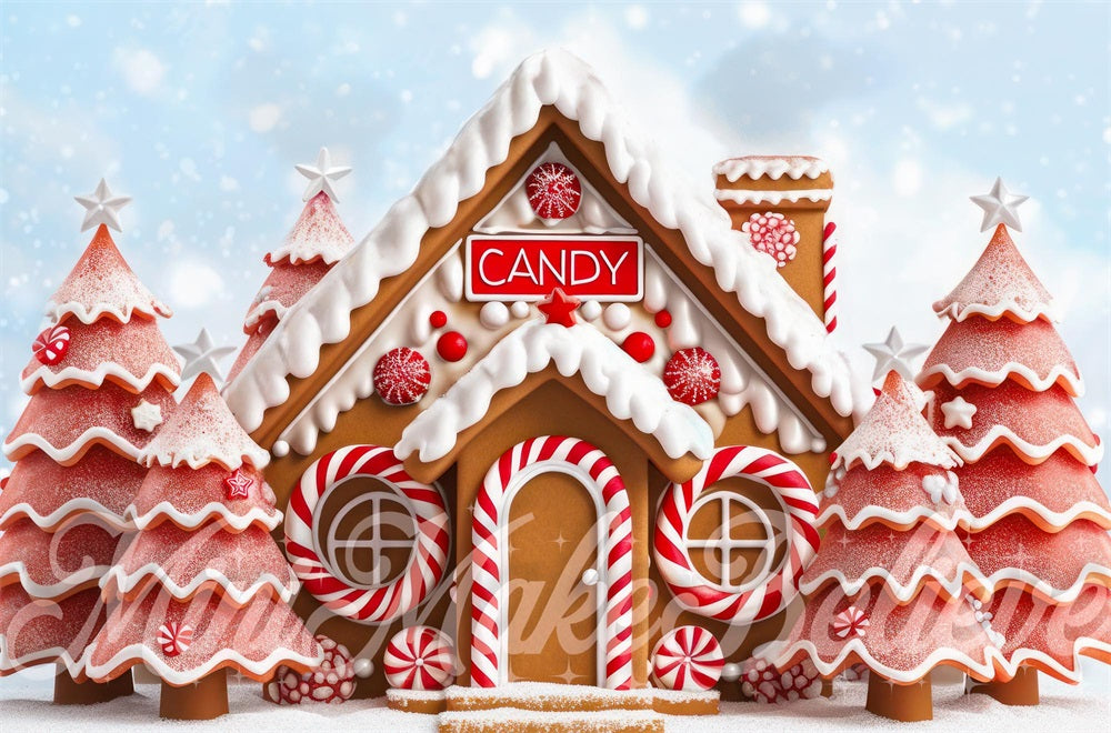 Kate Red Christmas Tree Dreamy Gingerbread Candy House Backdrop Designed by Mini MakeBelieve