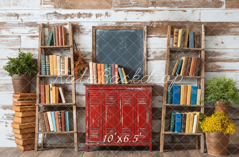 Kate Back to School Bookshelf Red Locker Blackboard Backdrop Designed by Emetselch