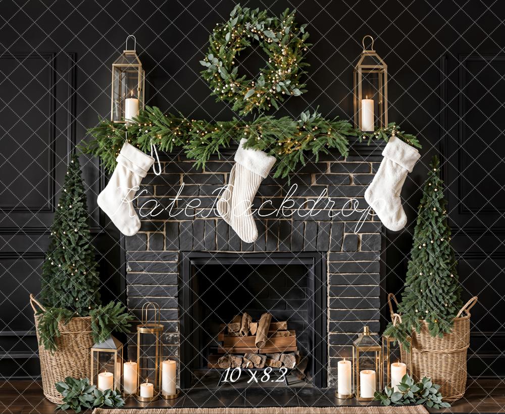 Kate Christmas White Sock Black Brick Fireplace Backdrop Designed by Emetselch