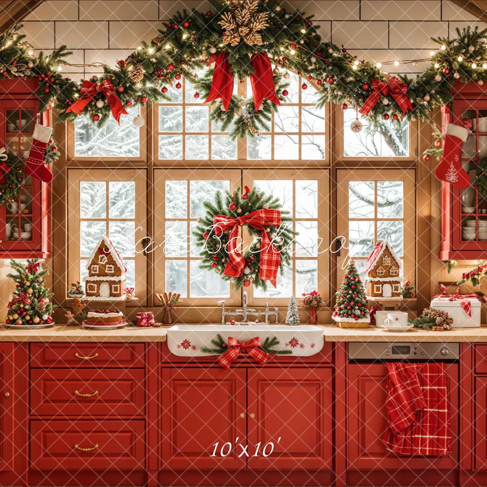 Kate Christmas Kitchen Red Retro Cabinets Window Backdrop Designed by Emetselch