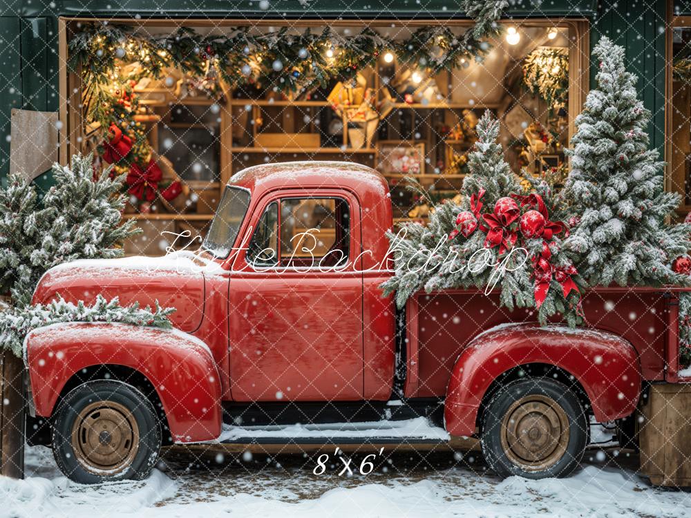 Kerst Etalage Rode Truck Sneeuw Foto Achtergrond Designed by Emetselch