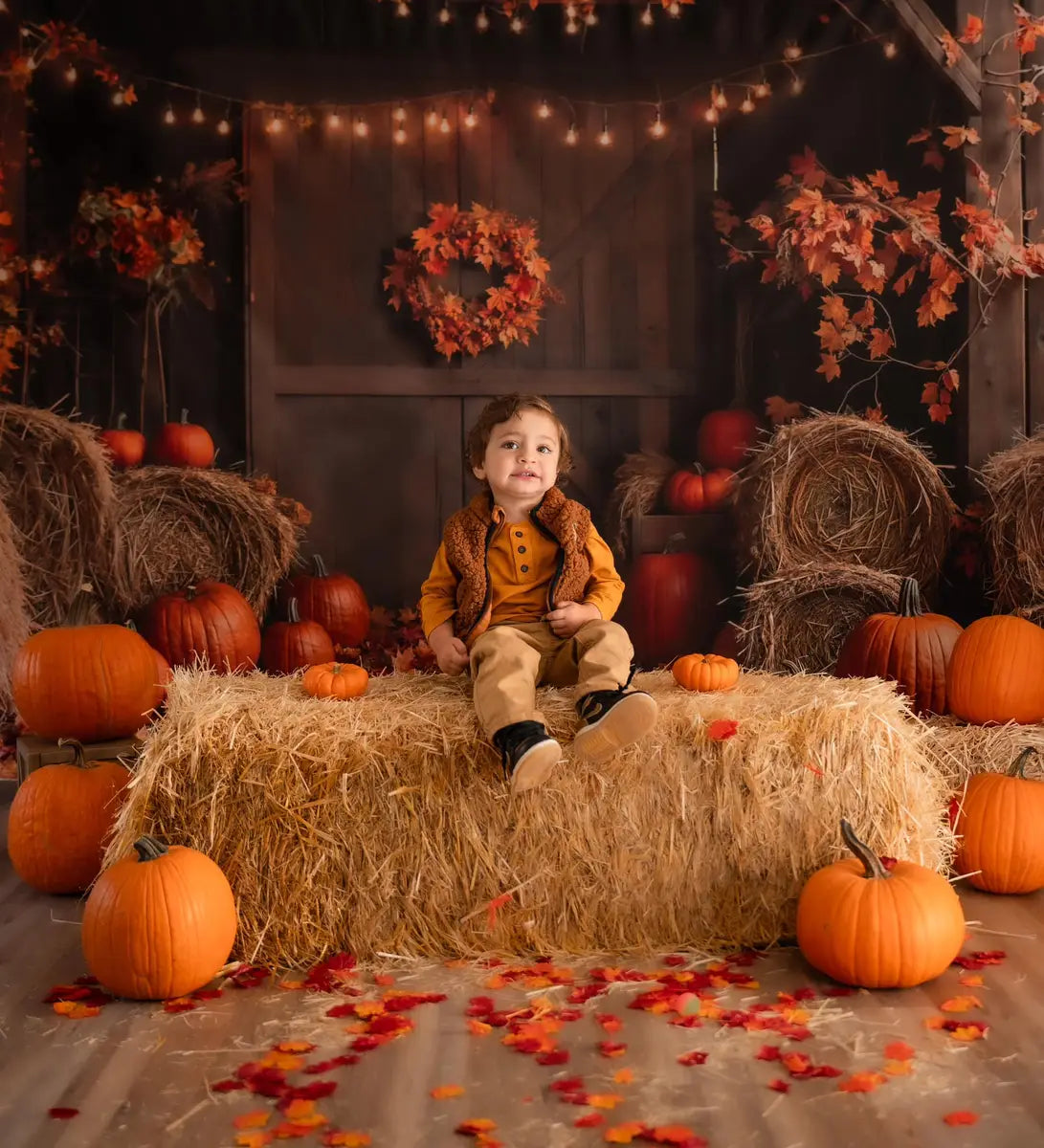 Kate Fall Flower Maple Leaf Pumpkin Brown Wooden Arch Door Backdrop Designed by Emetselch