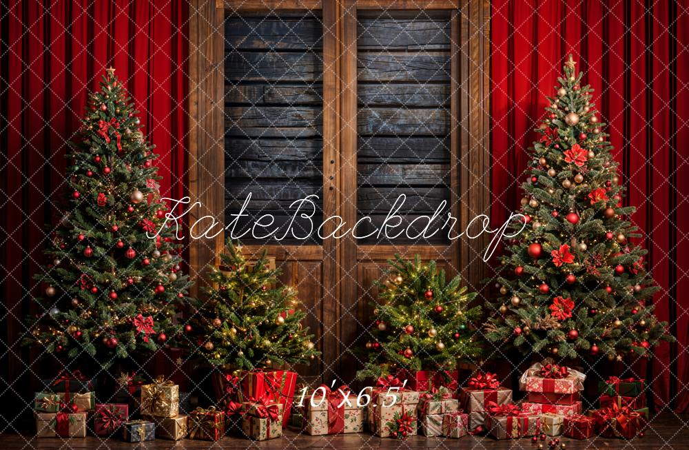 Kate Christmas Tree Red Curtain Gray Wooden Wall Backdrop Designed by Emetselch