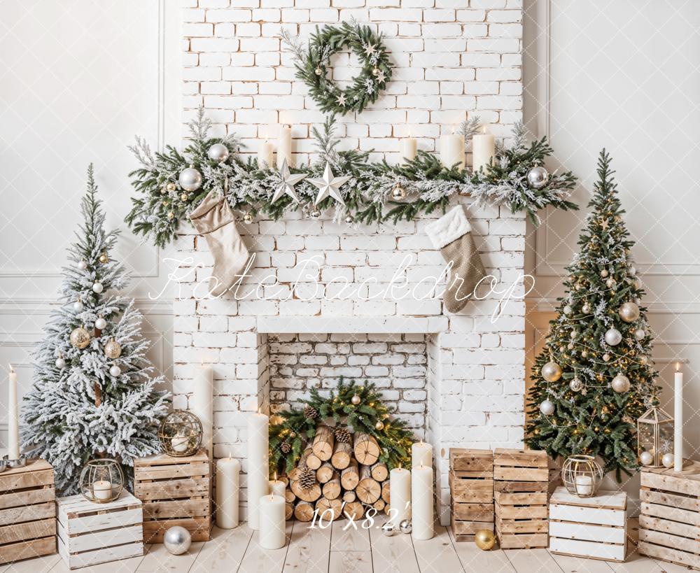 Kate Christmas Tree White Brick Fireplace Retro Wall Backdrop Designed by Emetselch