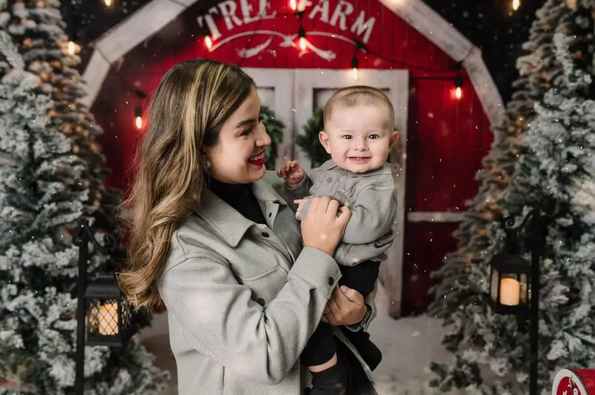 Kate Winter Christmas Tree Farm Red Barn Backdrop Designed by Chain Photography