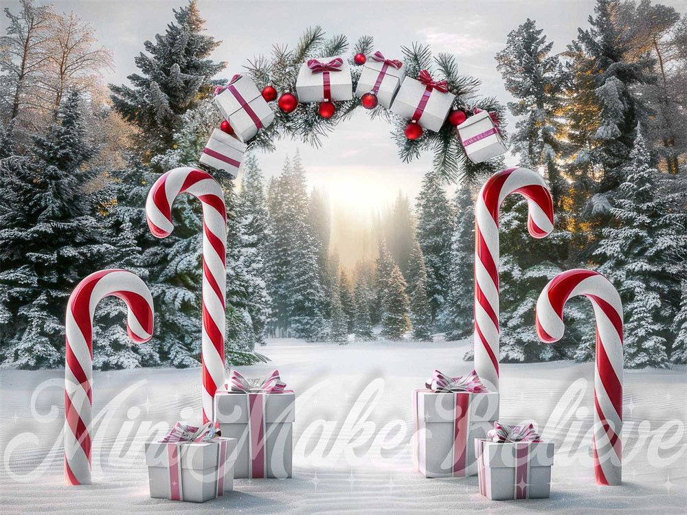 Natale nella foresta di dolciumi e arco di regali, progettato da Mini MakeBelieve