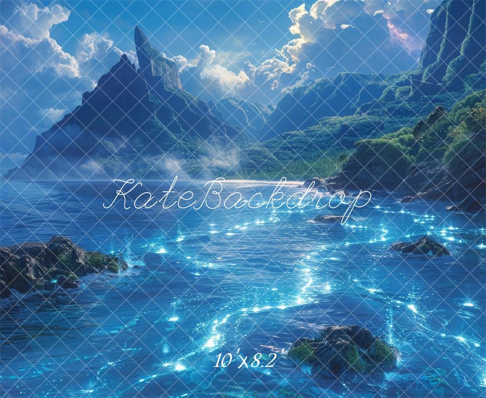 Kate Glowing Blue Sea Mountain Backdrop Designed by Megan Leigh Photography