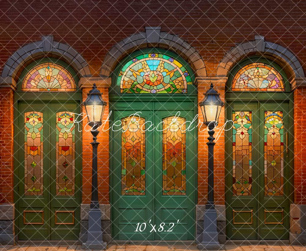 Kate Retro Green Door Stained Glass Window Street Backdrop Designed by Emetselch