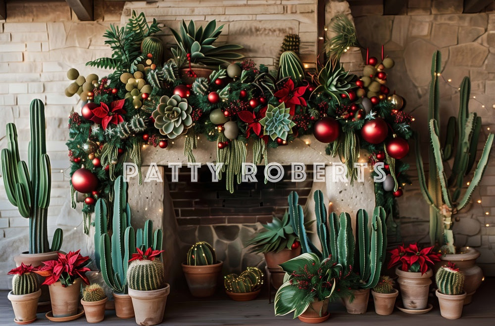 Fondo de chimenea de ladrillo verde de cactus salvaje del oeste de Navidad diseñado por Patty Robert