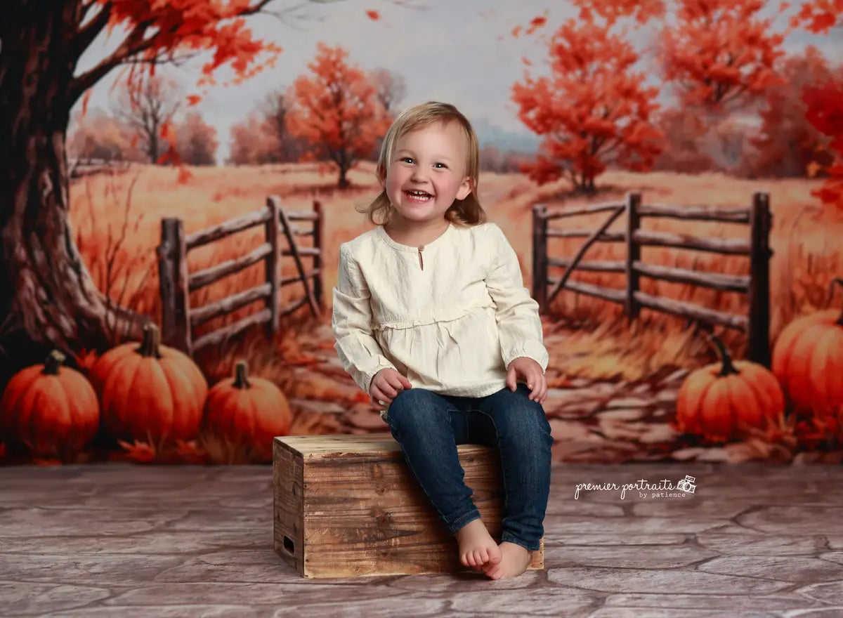 Kate Autumn Outdoor Maple Leaves Forest Field Pumpkin Path Backdrop Designed by GQ