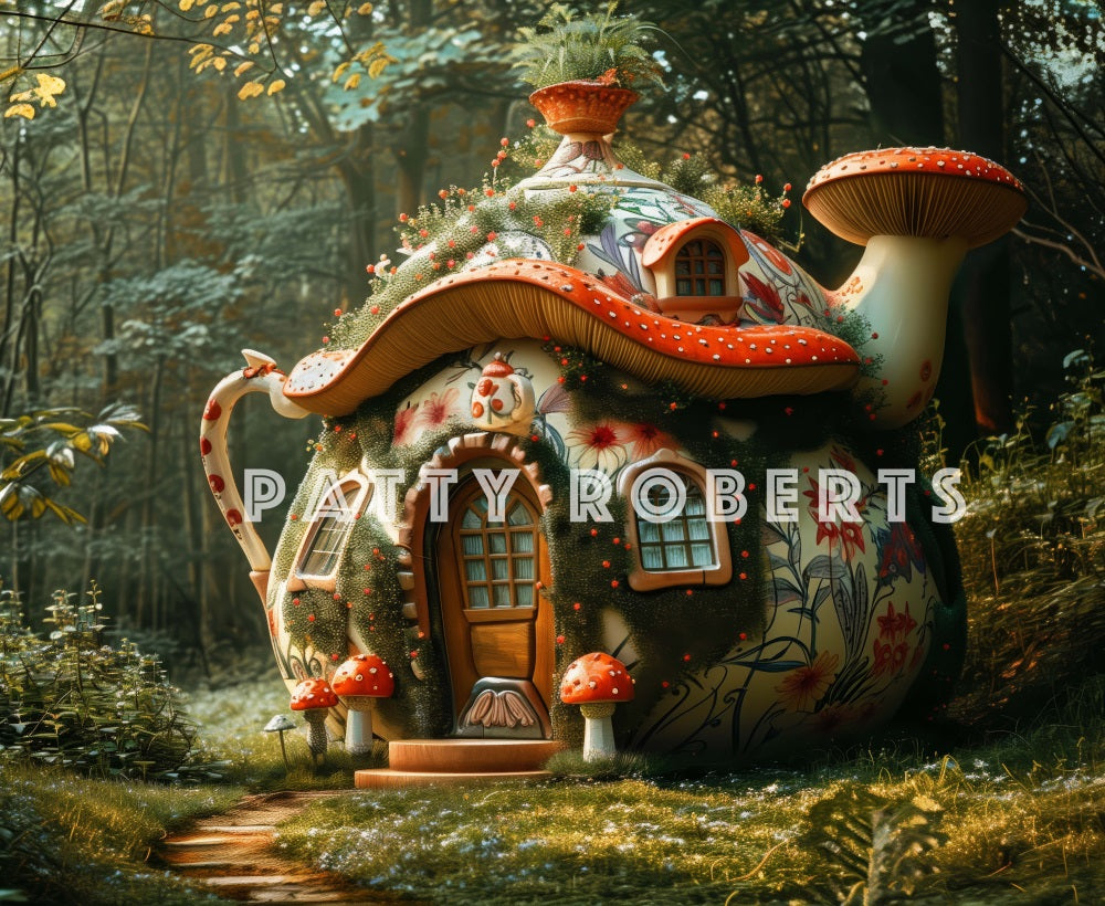 Kate Magical Forest Dreamy Colorful Floral Mushroom Teapot Hut Backdrop Designed by Patty Robert