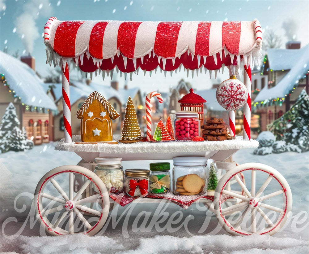 Kate Christmas Town Gingerbread Red Candy Stand Cart Backdrop Designed by Mini MakeBelieve