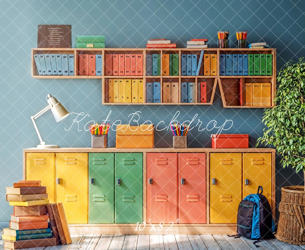 Kate Back to School Colorful Locker Bookshelf Backdrop Designed by Emetselch