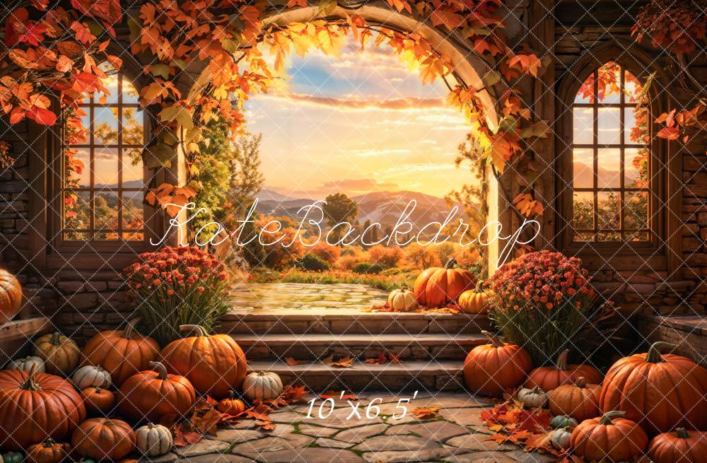 Arco de fondo de calabaza de otoño en el bosque al atardecer diseñado por Emetselch