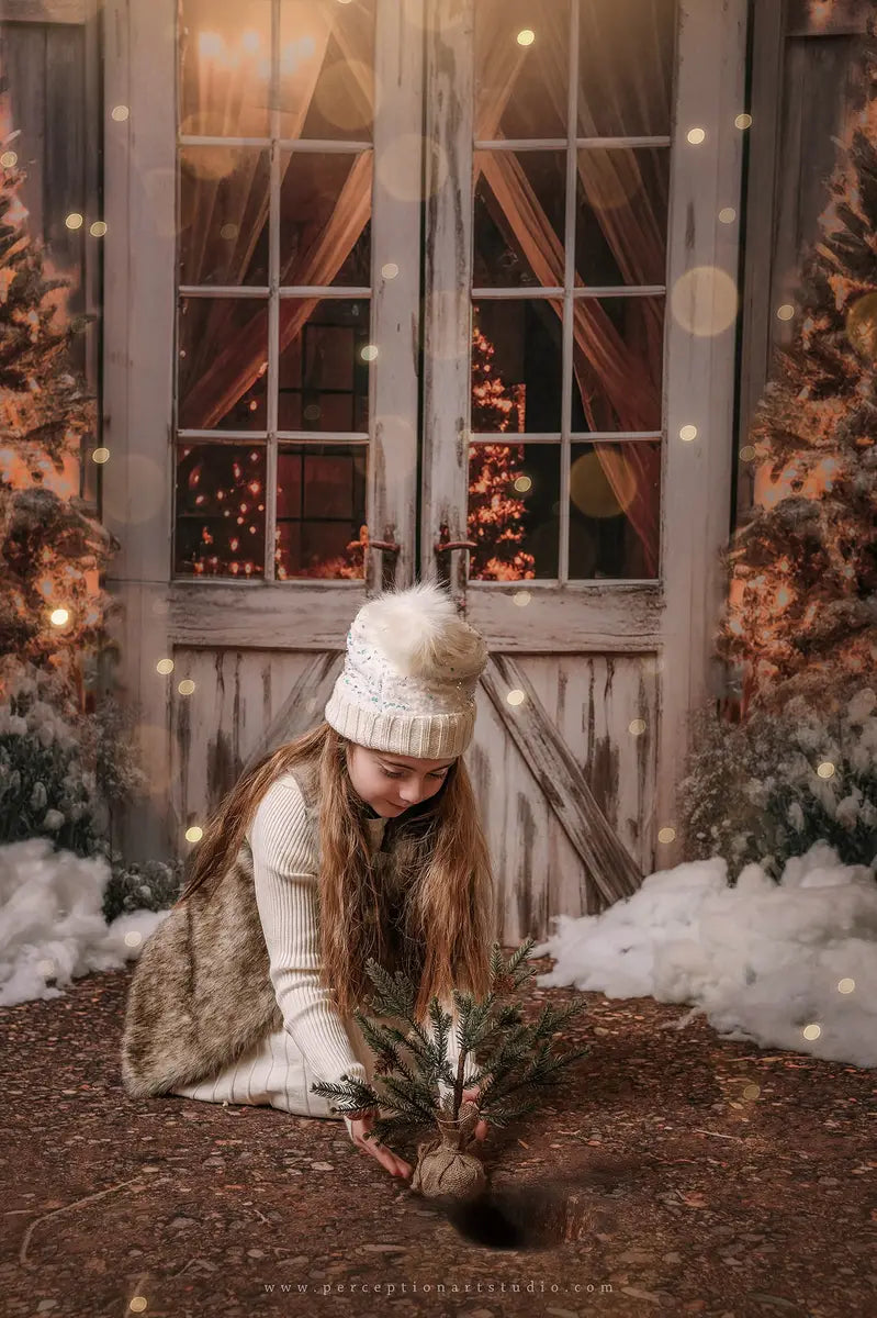 Kate Christmas Barn with Lights and Christmas Tree Fleece Backdrop Designed by Emetselch