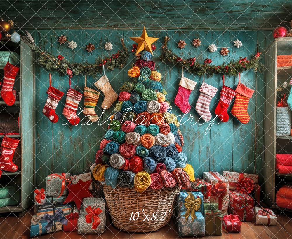 Kate Colorful Christmas Tree And Stockings With Retro Wooden Wall Backdrop Designed by Laura Bybee