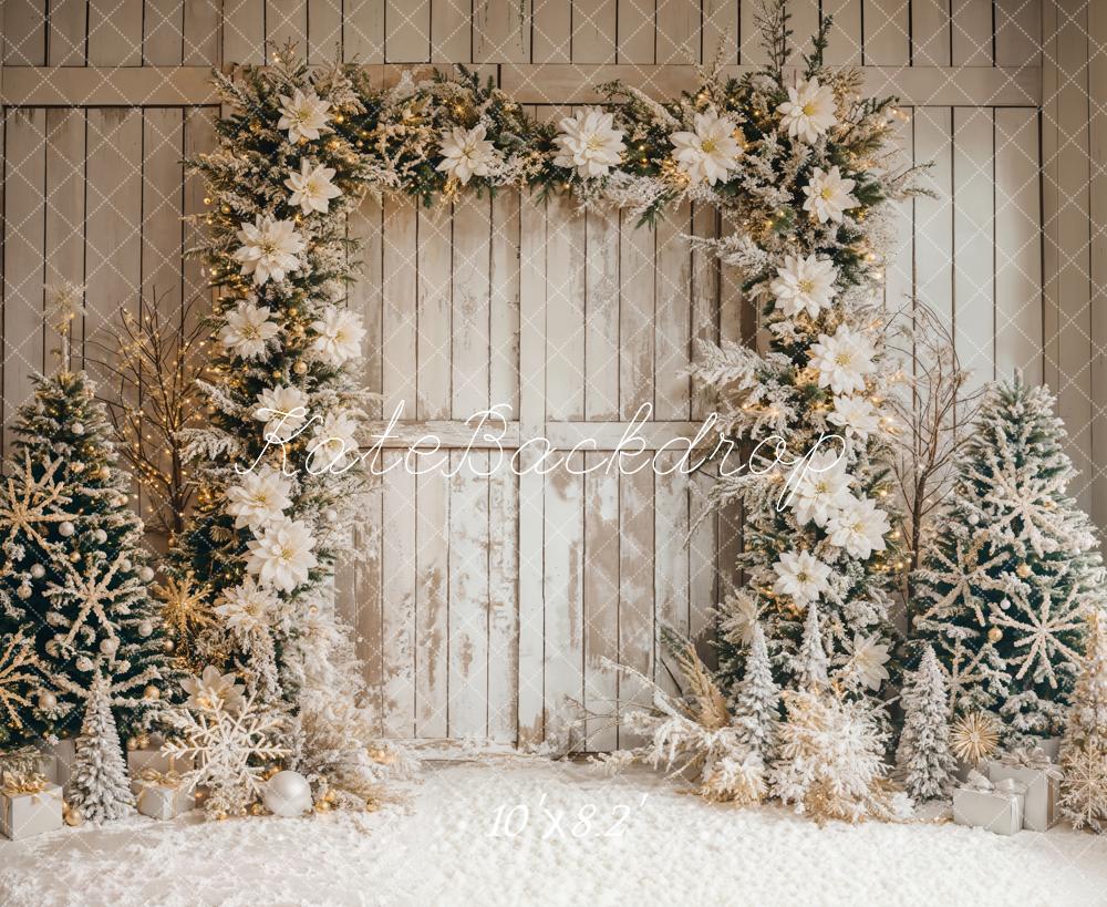 Arco de Flores Blanco de Navidad Fine Art con Fondo de Madera Rayada Diseñado por Emetselch