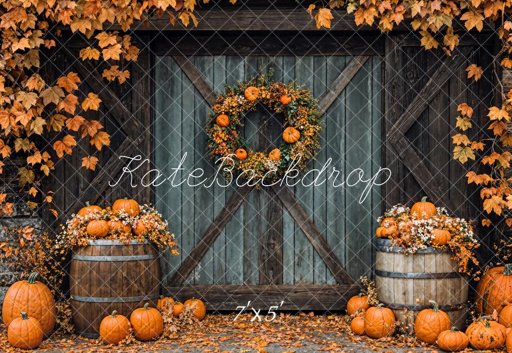 Kate Fall  leaves Pumpkin  Rustic Wooden Door Backdrop Designed by Emetselch